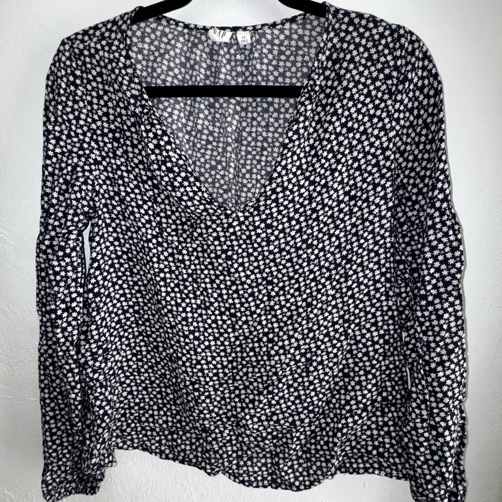 GAP Floral V-Neck Blouse - Navy and White